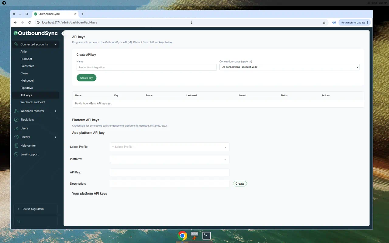 OutboundSync admin API keys section showing the create form, account-wide connection scope, and an empty API key table above the platform API keys section.
