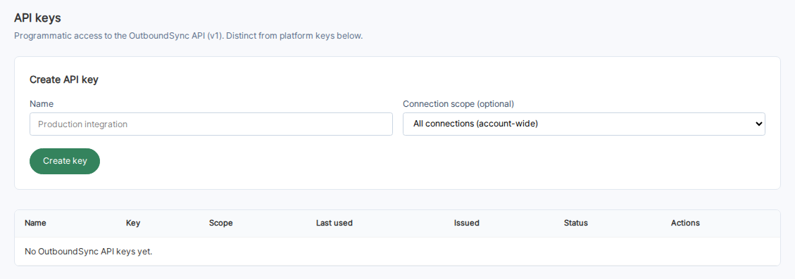 OutboundSync admin API keys section showing the Create API key form with account-wide connection scope, Create key button, and an empty keys table.