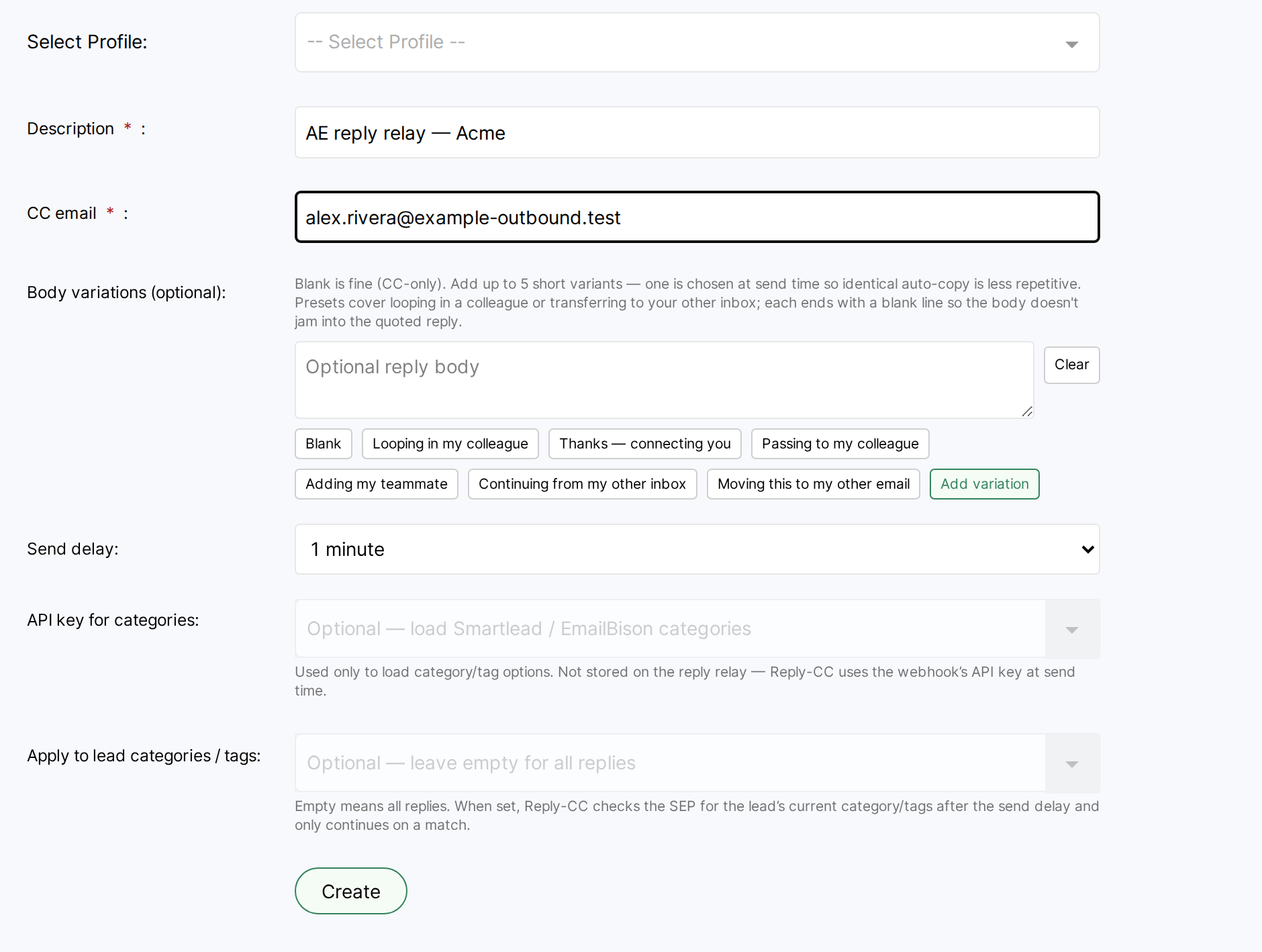 OutboundSync Add Reply relay form with profile, description, CC email, body variation presets, send delay, and optional API key plus category/tag allowlist fields