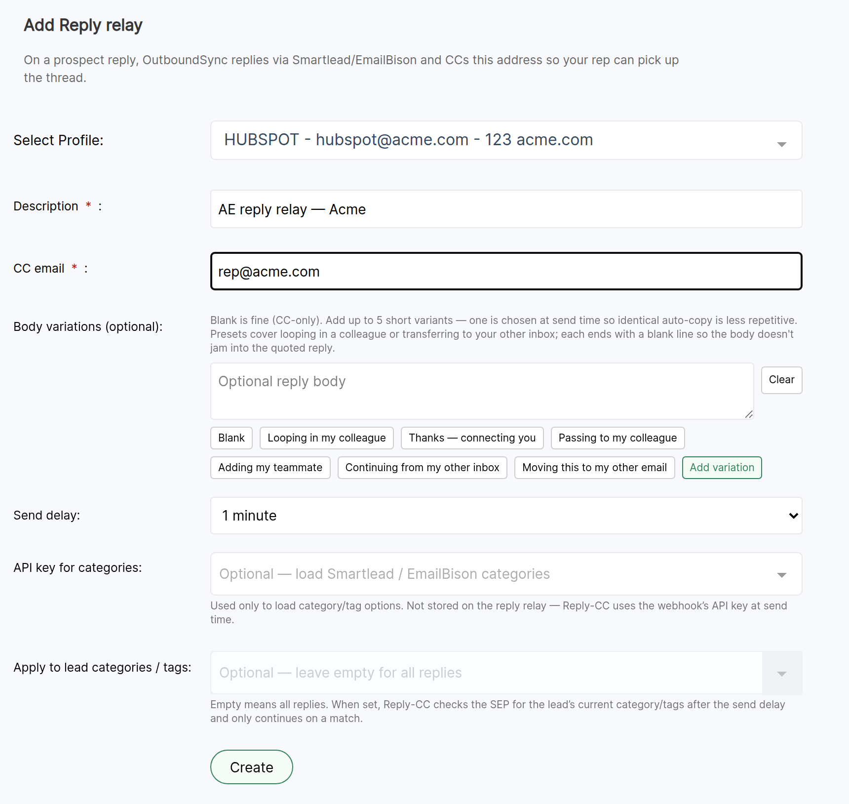 OutboundSync Add Reply relay form with profile, description, CC email, body variation presets, send delay, and optional API key plus category/tag allowlist fields