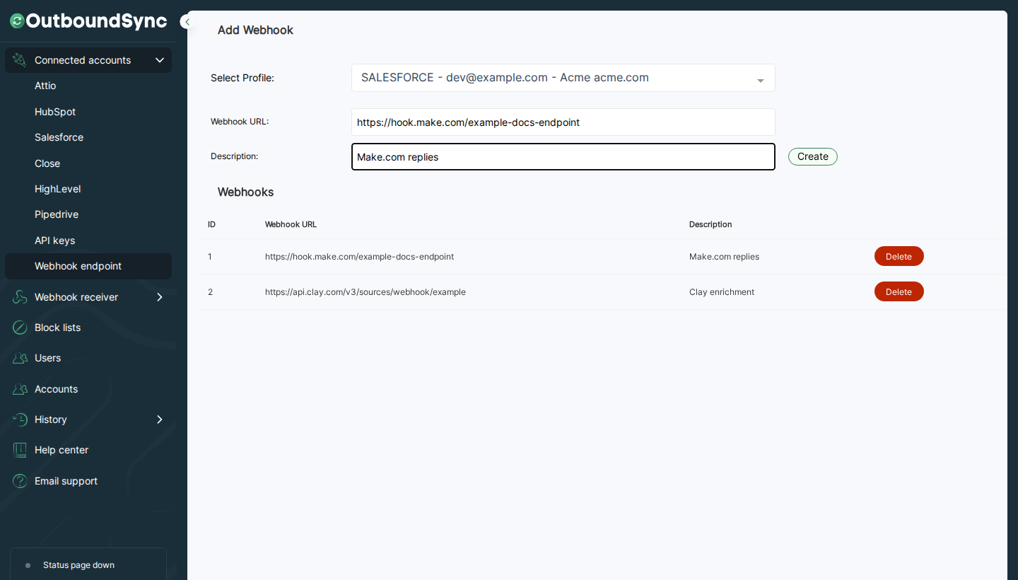 OutboundSync admin Webhook endpoint page showing the Add Webhook form with Webhook URL and Description fields, and the Create button.