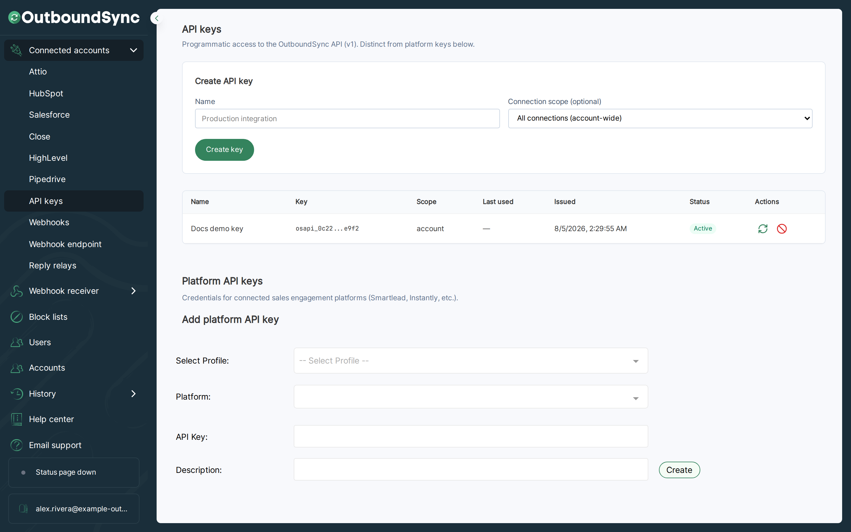 OutboundSync API keys page showing Docs demo key and Platform API keys including Acme Smartlead with a Lead Categories View button