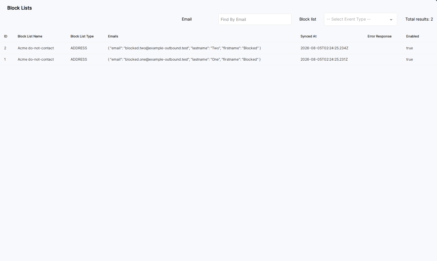 OutboundSync History → Block Lists log showing Acme do-not-contact ADDRESS entries for blocked.one and blocked.two at example-outbound.test, synced with no errors.
