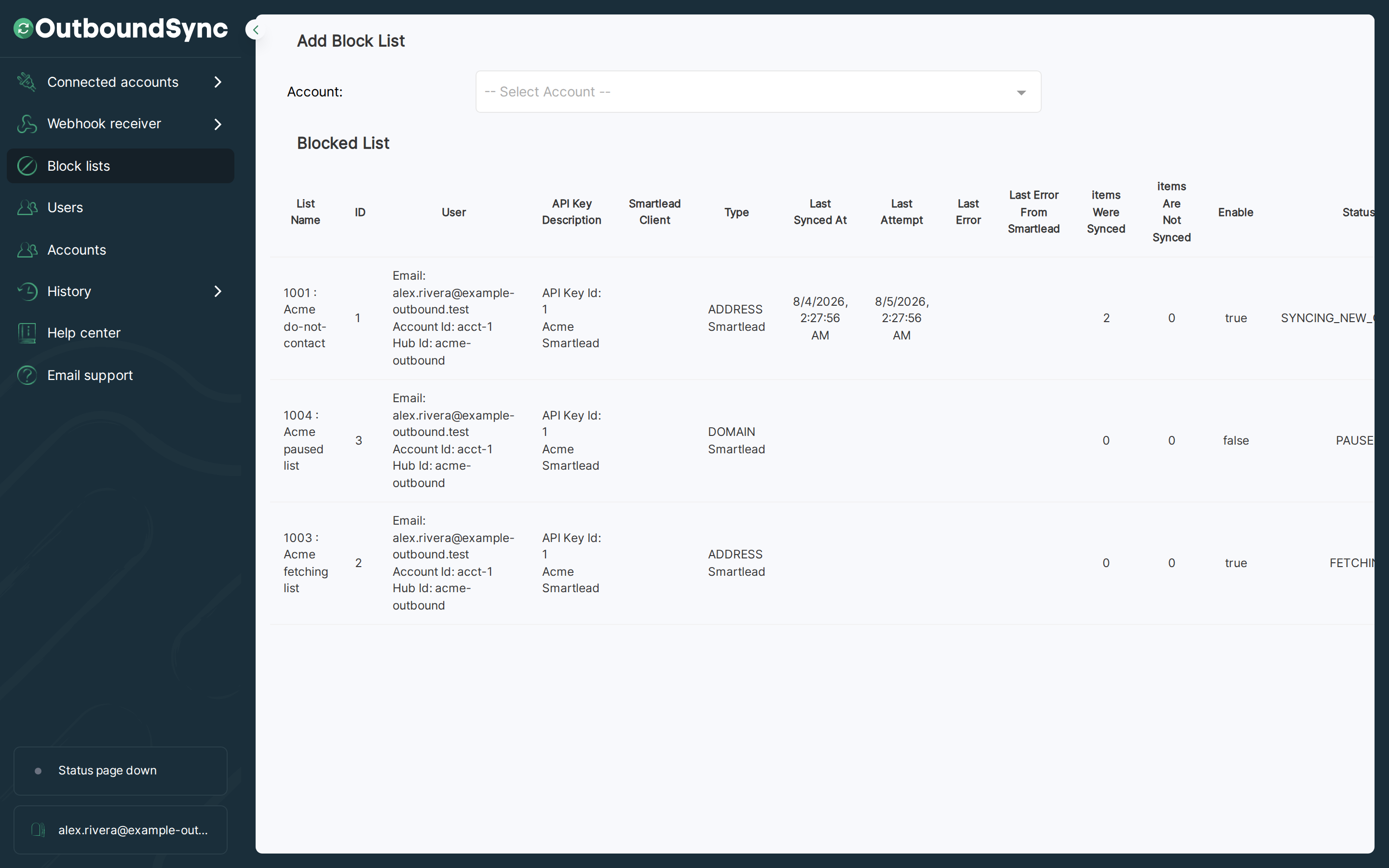 OutboundSync Block lists page showing Acme do-not-contact, Acme paused list, and Acme fetching list rows with SYNCING_NEW_CONTACTS, PAUSED, and FETCHING statuses