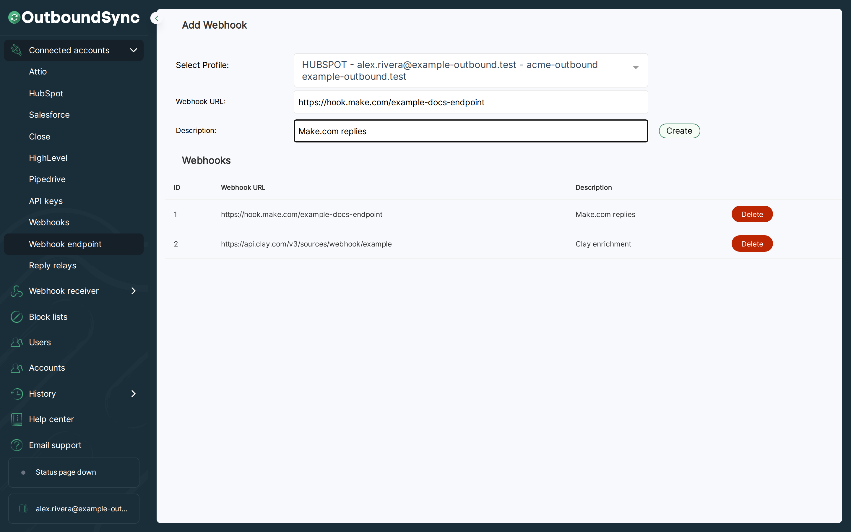 OutboundSync Forwarding destinations page with HubSpot Acme profile selected, Make.com replies URL filled in, and a table of Make.com and Clay destination endpoints