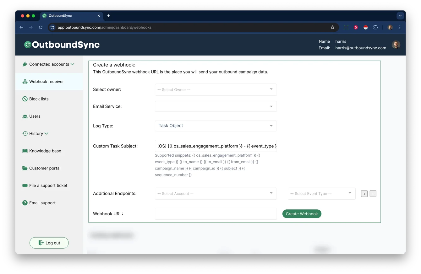OutboundSync Salesforce integration UI for configuring the task subject line with custom text and variables