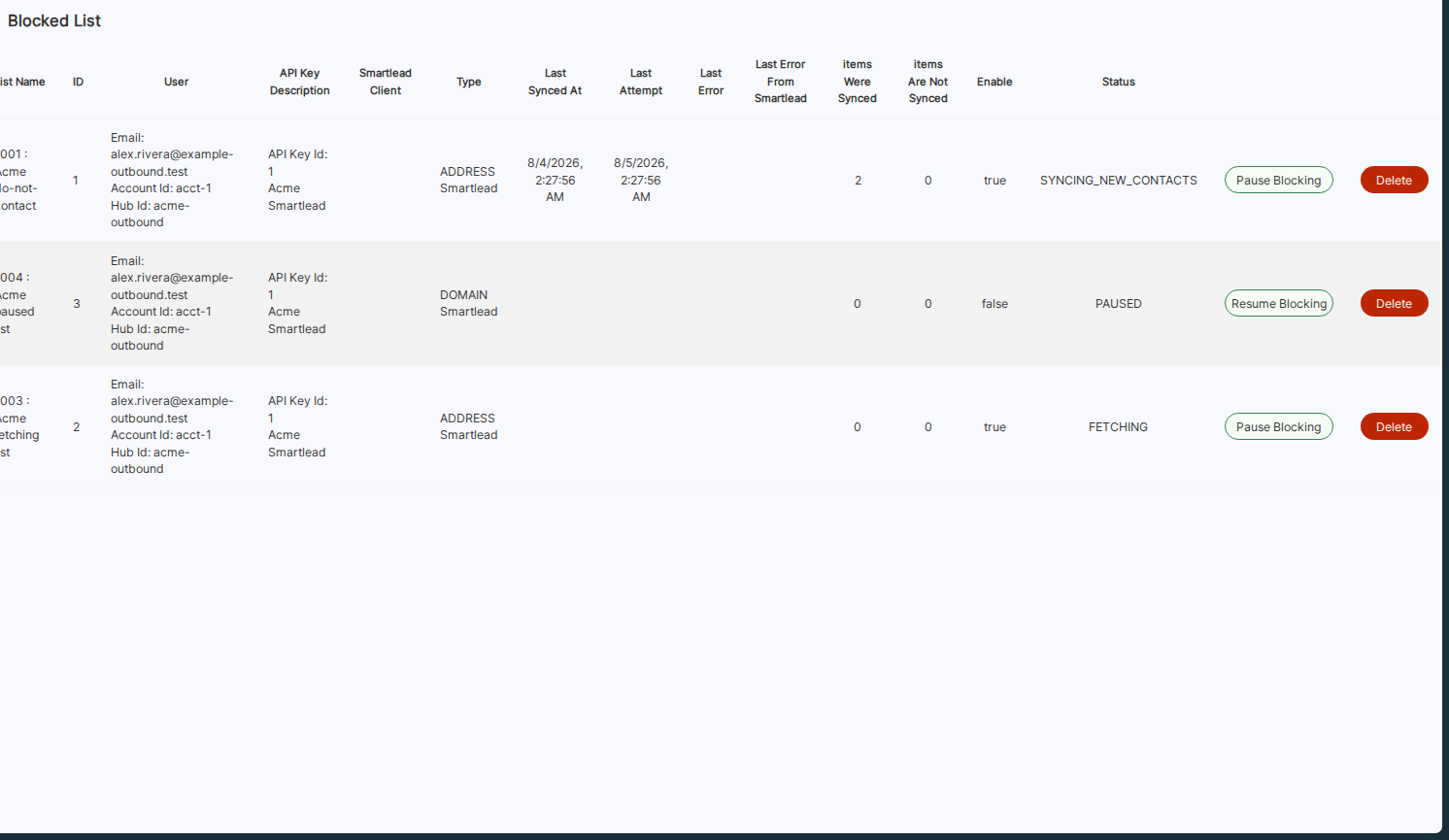 OutboundSync Blocked List table with Acme do-not-contact, paused, and fetching rows, Acme Smartlead API key, ADDRESS and DOMAIN types, and Pause Blocking or Resume Blocking actions.