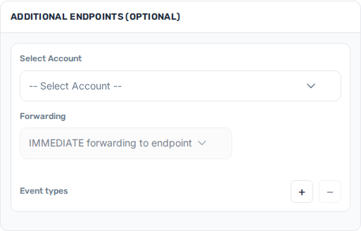 OutboundSync Create webhook settings tray showing the ADDITIONAL ENDPOINTS (OPTIONAL) section with Select Account and forwarding controls.