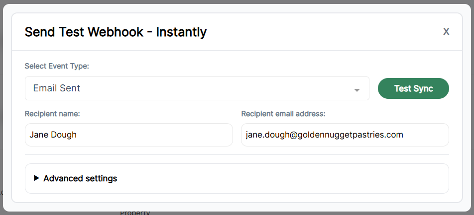 OutboundSync Testing Modal showing event type, test contact fields, and test actions