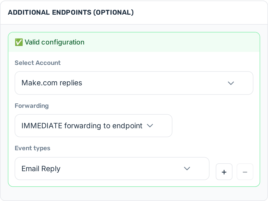 OutboundSync FORWARDING section with Make.com replies selected, IMMEDIATE forwarding, and Email Reply event type