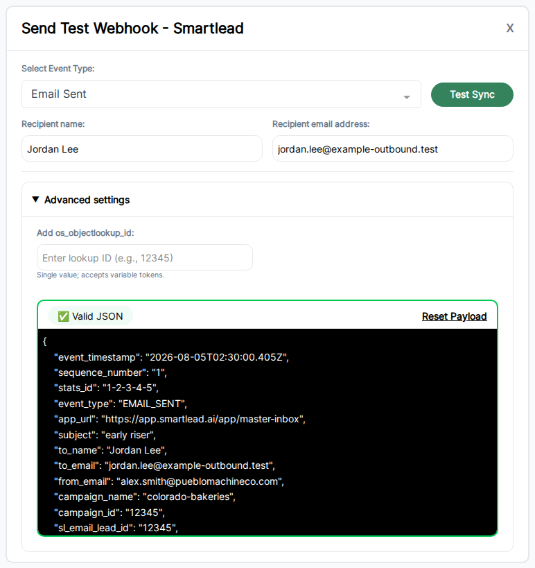 Testing Modal Advanced settings expanded for Smartlead, showing os_objectlookup_id, Valid JSON badge, Reset Payload, and EMAIL_SENT payload for Jordan Lee.