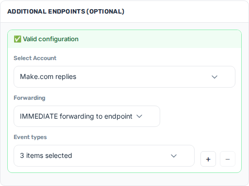 OutboundSync Additional Endpoints row with a destination account selected, IMMEDIATE or DELAYED forwarding chosen, and event type chips selected.