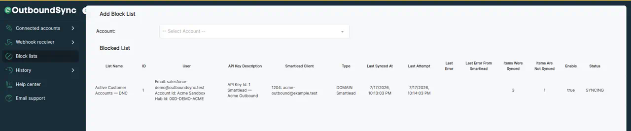 OutboundSync Block lists page with a Salesforce block list in sync