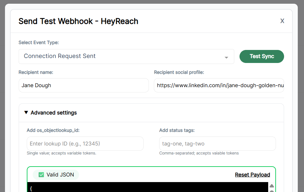 Testing Modal HeyReach status tag options in Advanced Settings