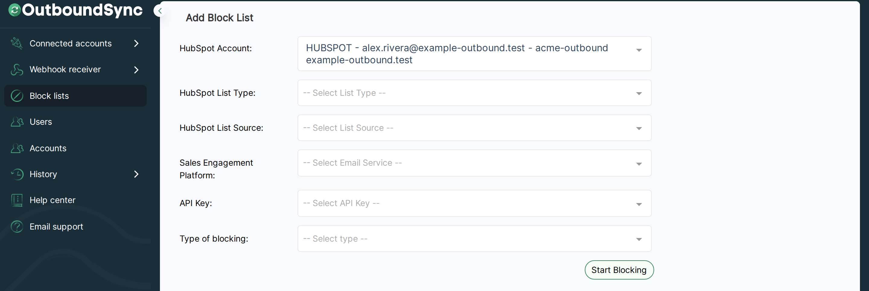 OutboundSync Add Block List form with HubSpot account alex.rivera@example-outbound.test selected and list fields still empty