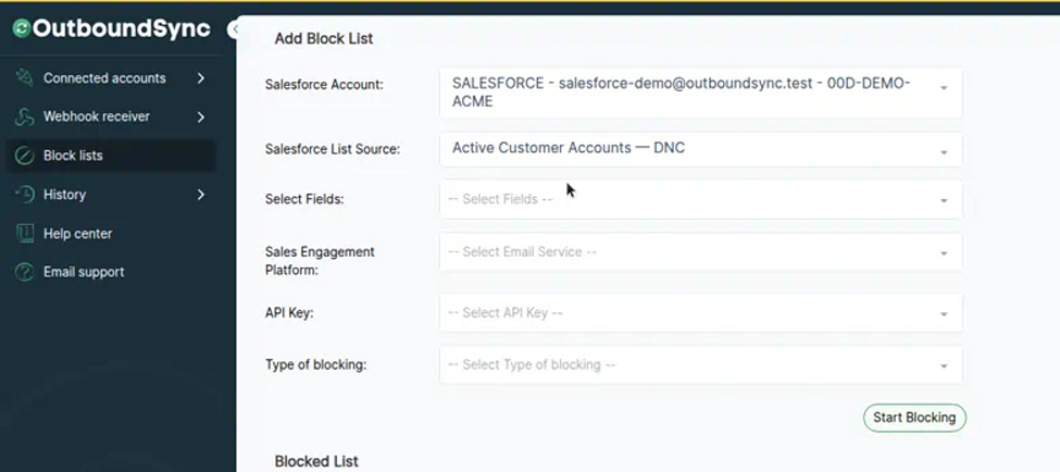 OutboundSync form with a Salesforce account and Active Customer Accounts report selected