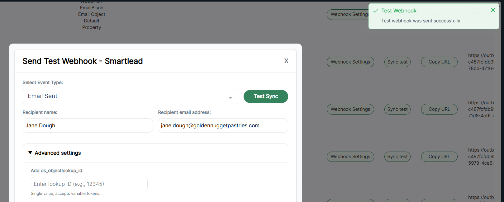 OutboundSync toast confirming the test webhook payload was sent successfully