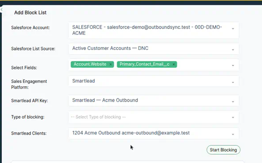 OutboundSync block-list form with Salesforce fields, Smartlead, API key, and client selected