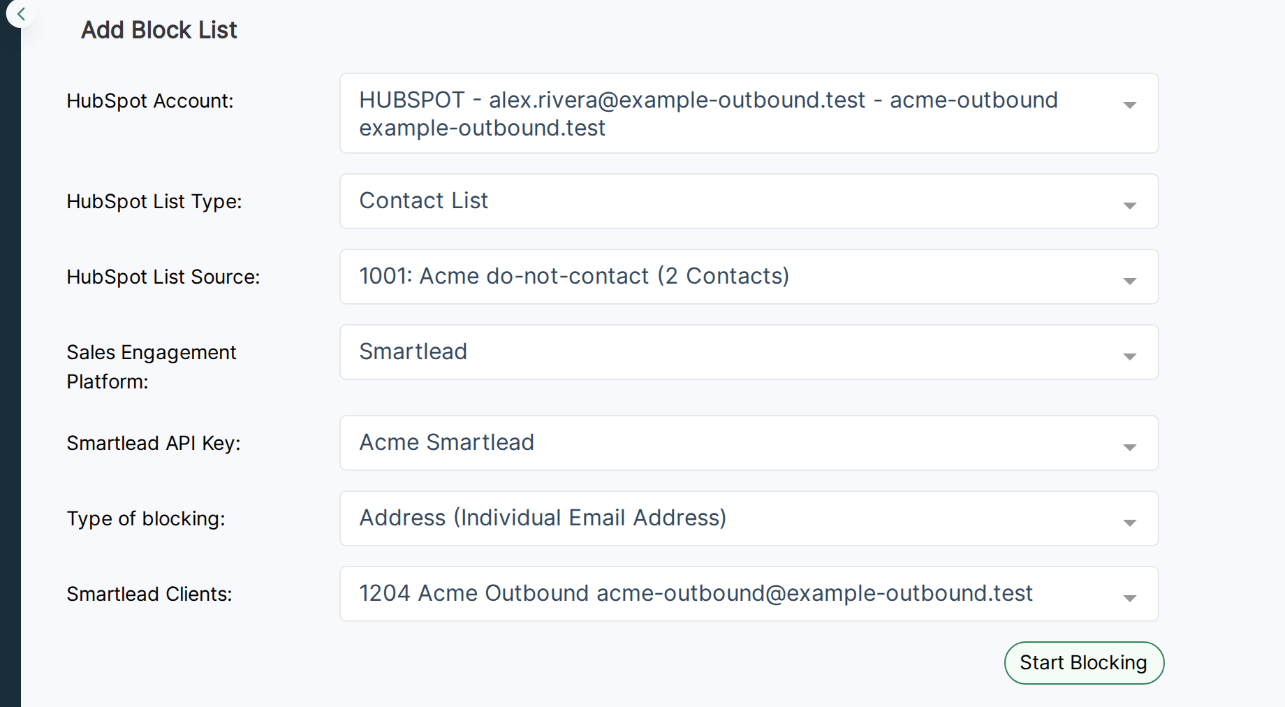 OutboundSync Add Block List form filled with Acme do-not-contact Contact List, Smartlead, Acme Smartlead API key, Address blocking, and Acme Outbound client