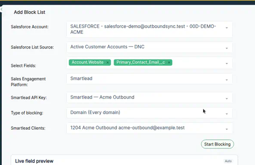 OutboundSync block-list form configured to block every email address on each domain