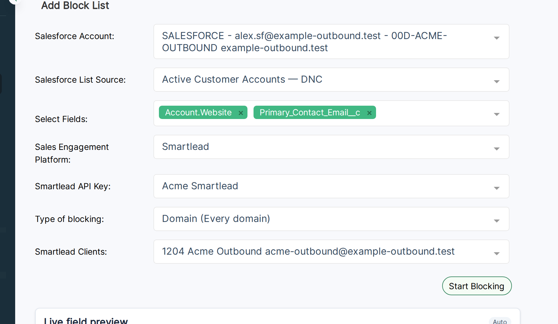 OutboundSync Add Block List form for Salesforce with Active Customer Accounts — DNC, Account.Website and Primary_Contact_Email__c fields, Smartlead Domain blocking, and Acme Outbound client