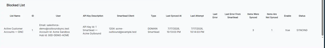 Salesforce block list in OutboundSync with Smartlead sync counts and Syncing status