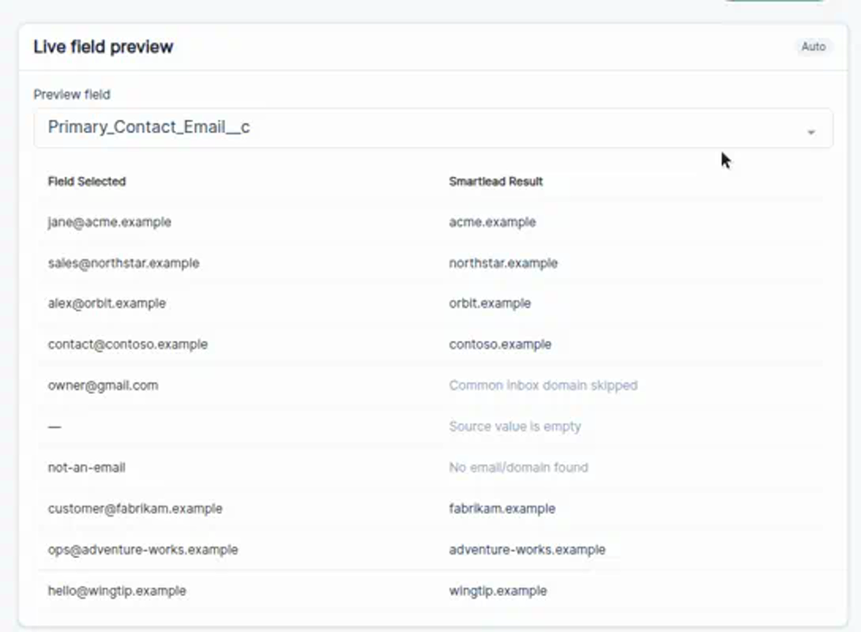 Live field preview mapping Salesforce email values to Smartlead domains and explaining skipped rows