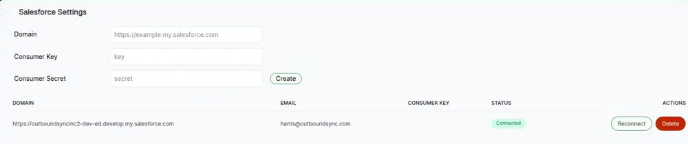 OutboundSync Salesforce Settings with Domain, Consumer Key, Consumer Secret, Create button, and connected accounts table