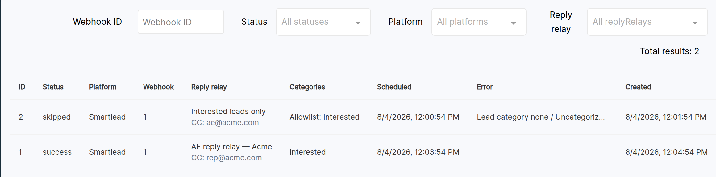 Reply relay logs showing a success row with Categories Interested and a skipped row with Allowlist Interested and an uncategorized lead error
