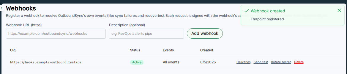 OutboundSync admin Webhooks section showing the HTTPS URL form, Add webhook button, and one Active endpoint for https://hooks.example-outbound.test/os set to All events.