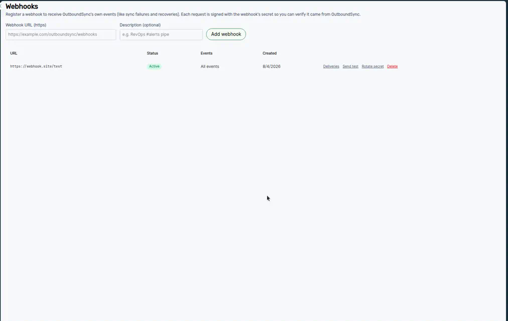 OutboundSync admin Webhooks section showing the HTTPS URL and description form, Add webhook button, and a table with one Active endpoint set to All events.