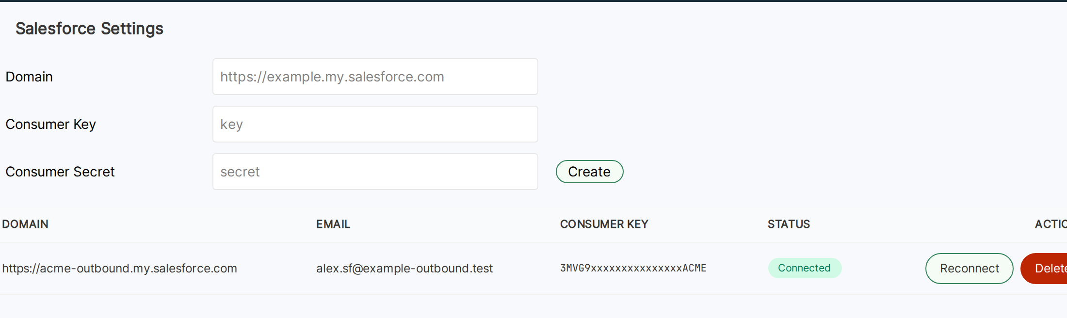 OutboundSync Salesforce Settings with acme-outbound.my.salesforce.com Connected and a Reconnect button for alex.sf@example-outbound.test