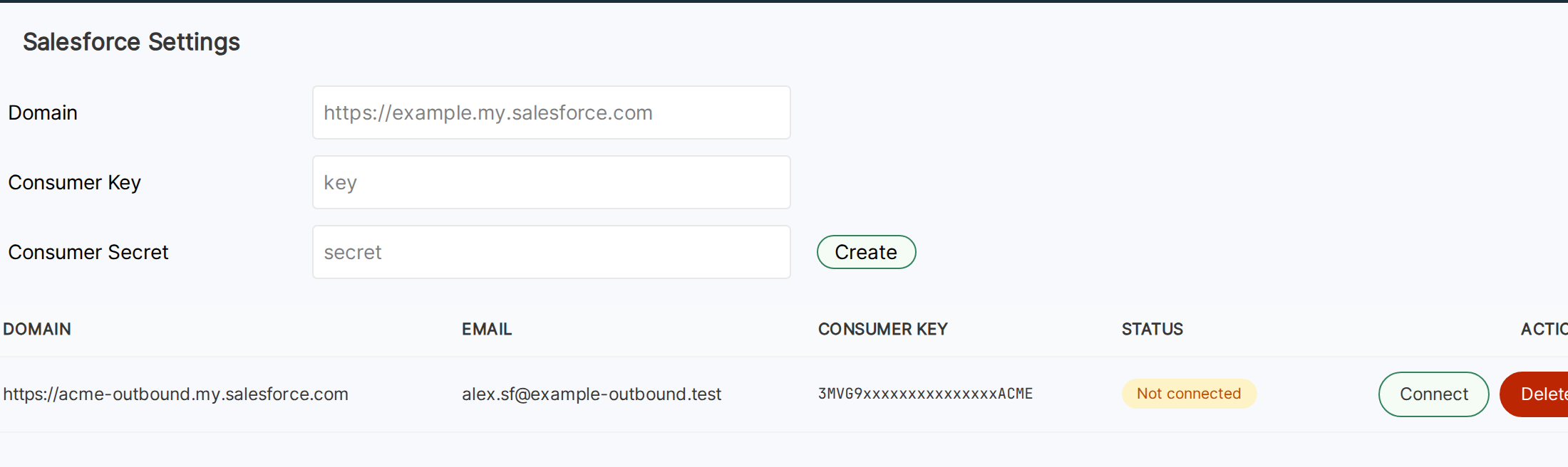 OutboundSync Salesforce Settings with acme-outbound.my.salesforce.com Not connected and a Connect button for alex.sf@example-outbound.test