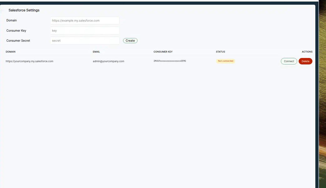 Salesforce profile with Not connected status — click Connect to complete OAuth