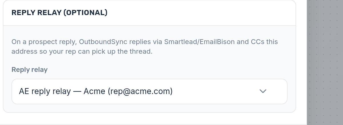 Webhook receiver settings showing Reply relay optional dropdown with AE reply relay — Acme selected