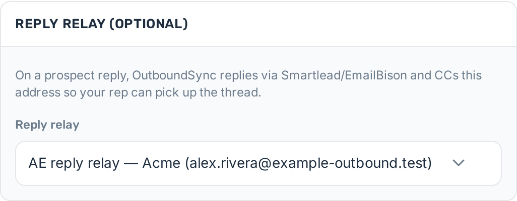 Source settings showing Reply relay optional dropdown with AE reply relay — Acme selected
