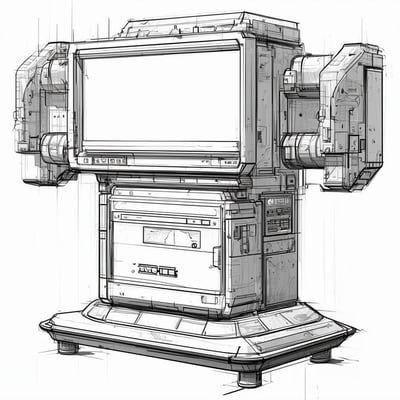 A grayscale sketch image of a standalone industrial machine that displays video content-2 A grayscale sketch image of a standalone industrial machine that displays video content-2