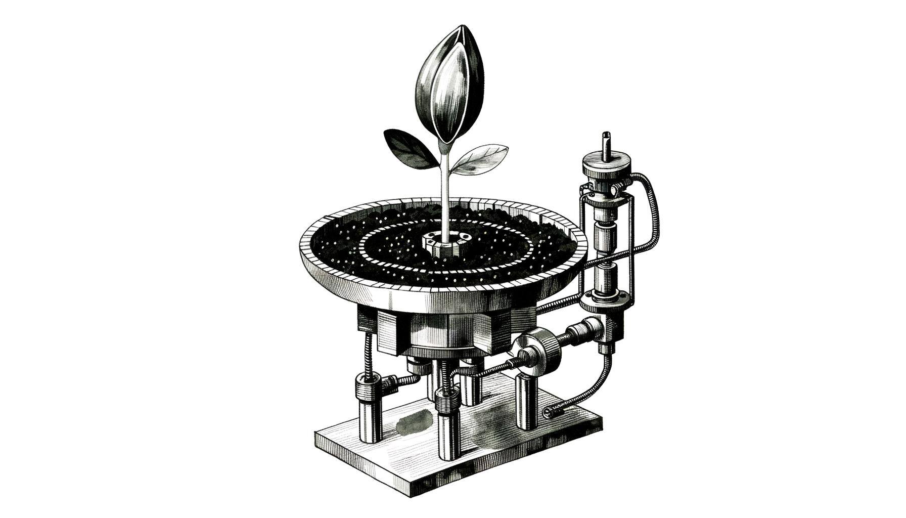 A grayscale image of a machine that cultivates a single plant that is a seedling in germination stage of growth-1