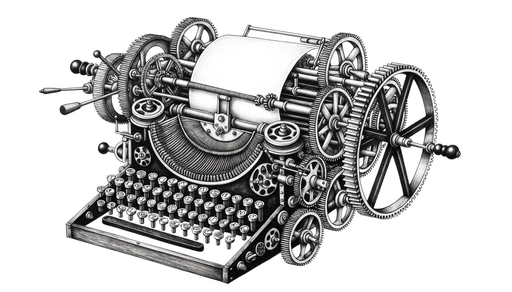 A grayscale sketch image of a machine that writes emails and has a special spin function.