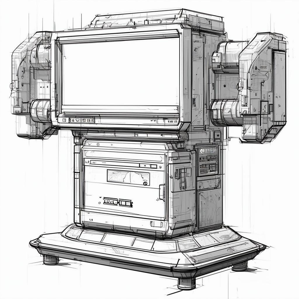 A grayscale sketch image of a standalone industrial machine that displays video content-2