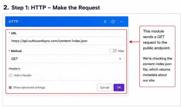 The HTTP module in Make, sending a GET request to the OutboundSync public endpoint.
