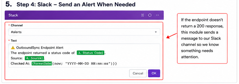 The Slack module in Make, posting an alert to the #alerts channel.