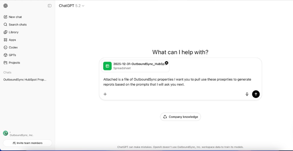 ChatGPT with attached OutboundSync HubSpot properties spreadsheet