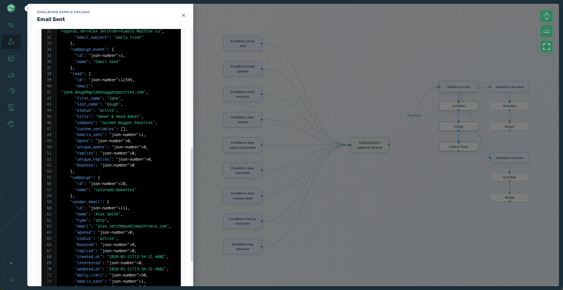 EmailBison Email Sent payload mapping to Salesforce Lead, Account, and Contact in the OutboundSync webhook receiver