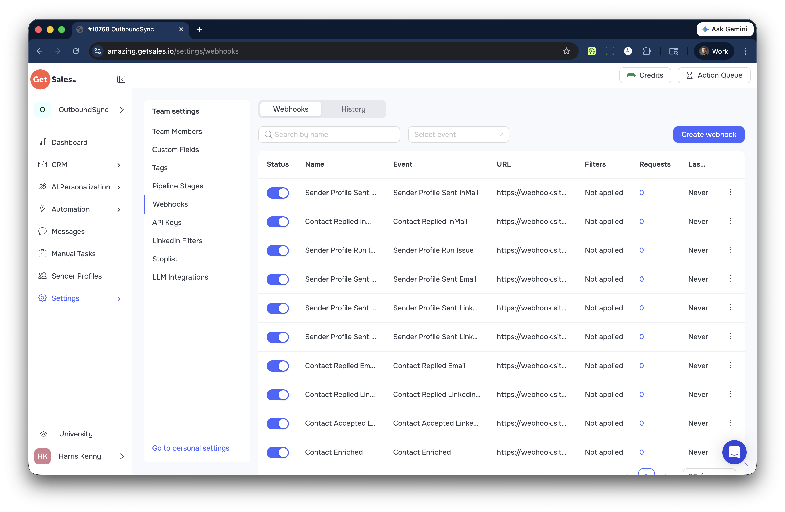 GetSales webhook settings showing active webhook events for OutboundSync