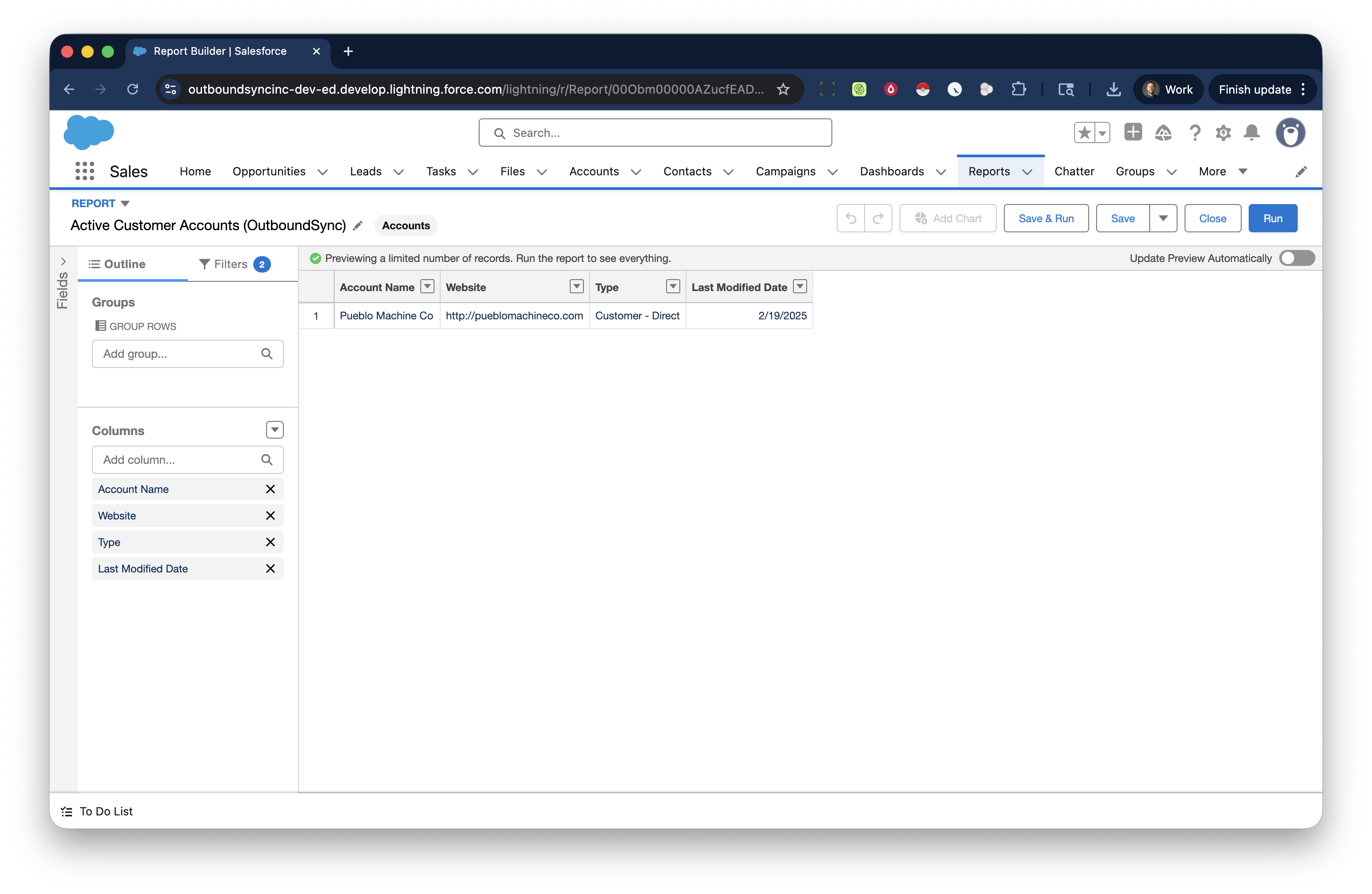 Active customer accounts report in Salesforce, used as the source for a HeyReach exclusion list