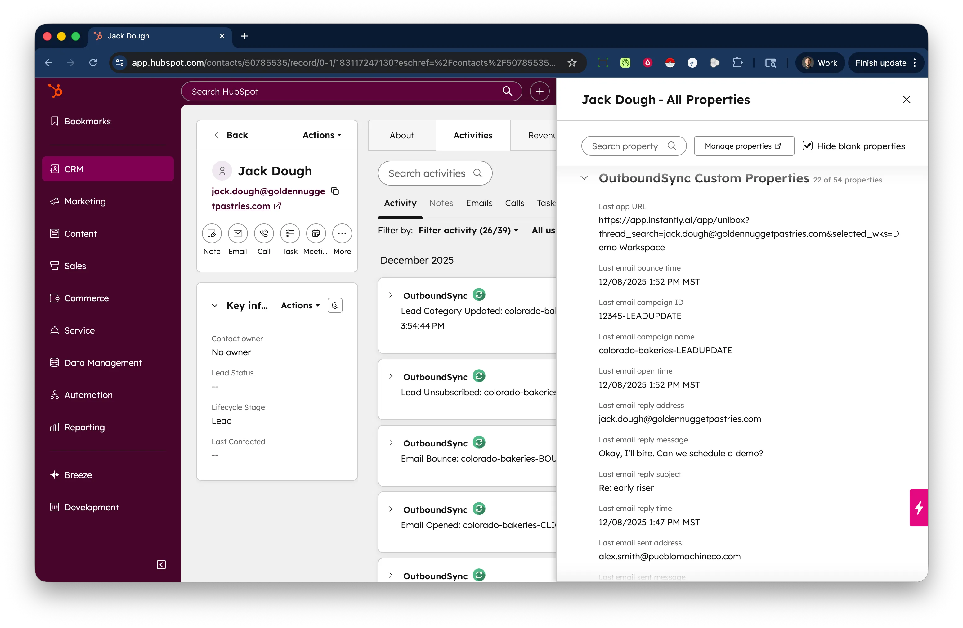 HubSpot custom contact properties created by OutboundSync