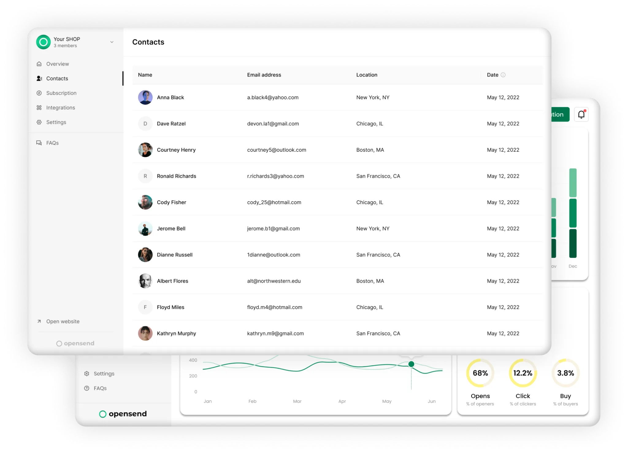 OpenSend product screenshot showing contacts