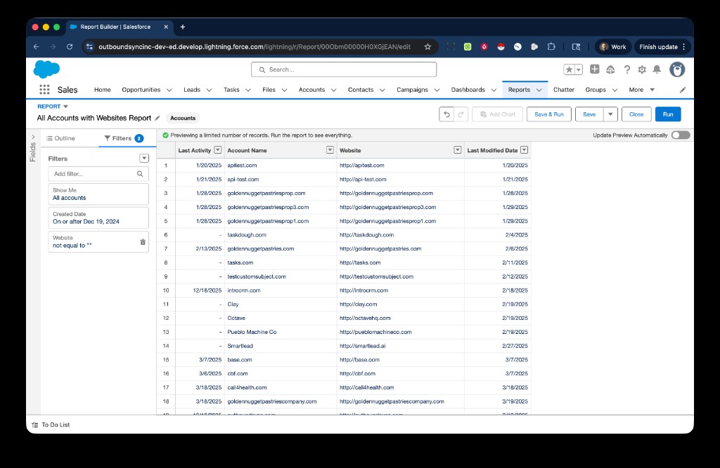 Salesforce Report Builder showing All Accounts with Websites Report and filters for Created Date and Website not empty
