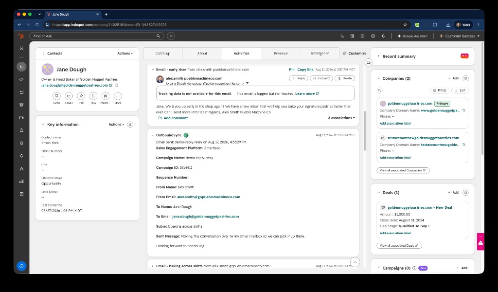 HubSpot contact activity timeline showing an OutboundSync email-sent event with campaign name, sender, recipient, and message body